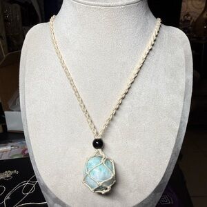 Handcrafted Cream Macrame Necklace with Blue Larimar Pendant